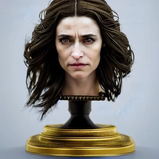 Image similar to photo taken of an epic intricate, ultra detailed, super realistic bust of a majestic gracious regal aristocratic brunette female vampire created by weta workshop, menacing, some zoomed in shots, photorealistic, sharp focus, white wall, extremely cold blueish colour temperature, 3 5 mm, f 1. 4, golden ratio
