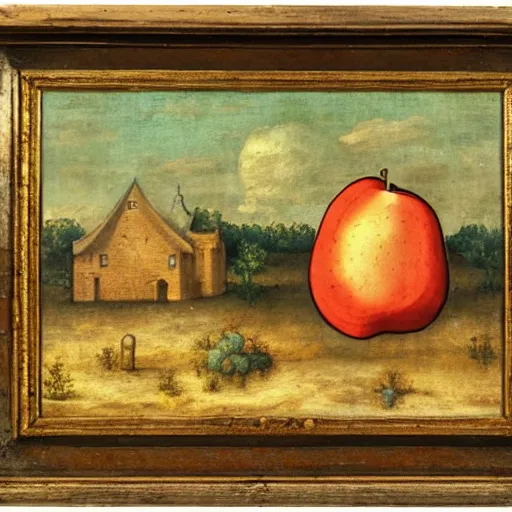 Prompt: house in a giant apple in the style of Arent Arentsz (1585–1631), Dutch landscape painter