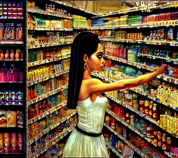 Prompt: low angle photography cleopatra in a grocery store, deep focus, intricate, elegant, highly detailed, digital painting, artstation, concept art, matte, sharp focus, illustration, art by nan goldin, cinematographyby jom jarmusch