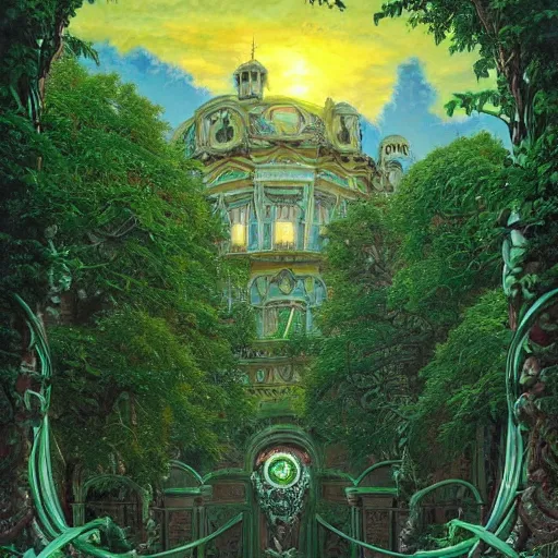 Image similar to a detailed oil painting by michael whelan and donato giancola of an intricate, ornate palace made of green, polished semiprecious malachite marble and jade, hyper detailed, hd, artstation, beautiful sunrise lighting, surrounded by trees