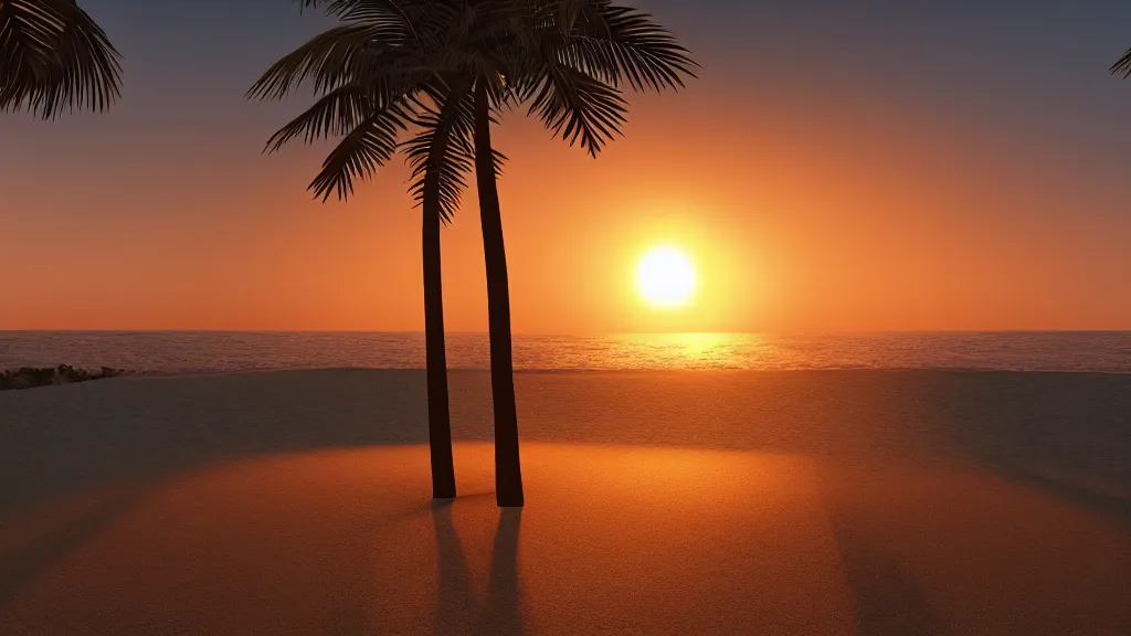 Image similar to sunset over a beach with palm trees, dramatic lighting, 8k uhd, raytracing, unreal engine, octane render, picturesque, extremely detailed