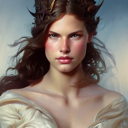 Image similar to beautiful young teen cameron russell, closeup, d & d, fantasy, intricate, elegant, highly detailed, digital painting, artstation, concept art, matte, sharp focus, illustration, art by artgerm and greg rutkowski and alphonse mucha