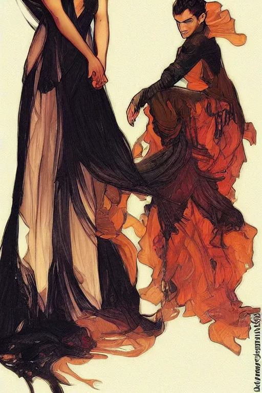 Prompt: bearded young man in orange t - shirt fastens beautiful black dress of his spouse before going to exquisite gala art by artgerm and greg rutkowski and charlie bowater and magali villeneuve and alphonse mucha