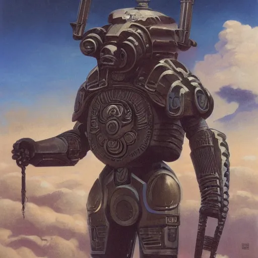 Image similar to soldier in art deco mayan power armor with strange spiral clouds in the background by j. c. leyendecker, barlowe, makoto kobayashi, greg rutkowski, and beksinski