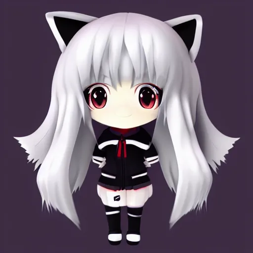 Prompt: cute fumo plush of a foxgirl in a hoodie, anime girl, anime ears, chibi, black and white, vray