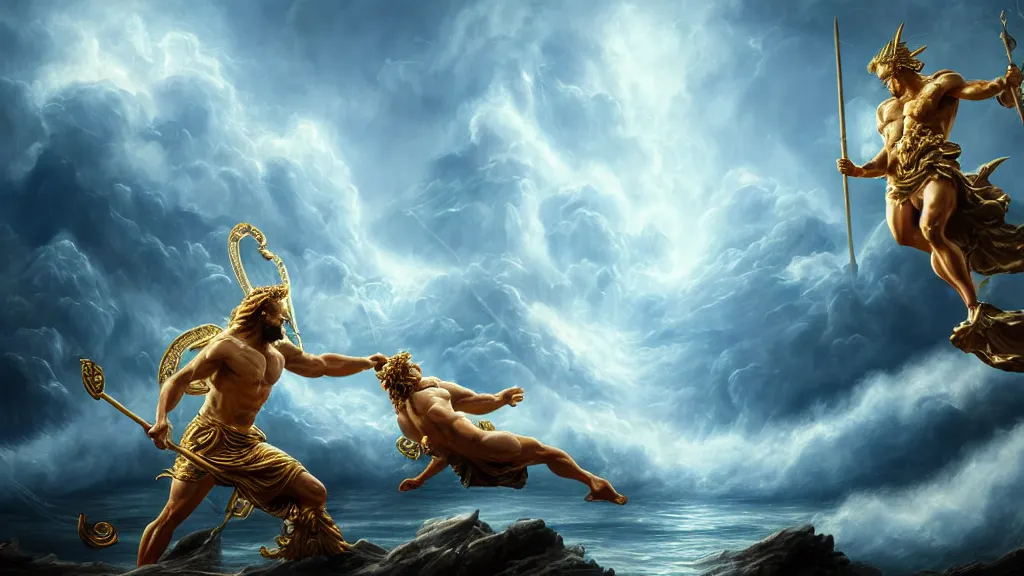 Image similar to Character concept art, Digital Paint, Zeus fighting Poseidon, Character Design, Digital Art, Gold Light, Blue Mist, Divine, Sky, 8K, insanely detailed and intricate, ornate, hyper realistic, super detailed, Cloudy background, Trending on Artstation, in the style of James Jean