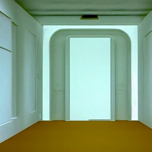 Image similar to a large cubic white room with no objects, no windows, no doors, 3 d perspective, still from movie by stanley kubrick