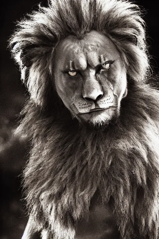 Image similar to lion - o from thundercats, portrait, full body, symmetrical features, silver iodide, 1 8 8 0 photograph, sepia tone, aged paper, sergio leone, master prime lenses, cinematic