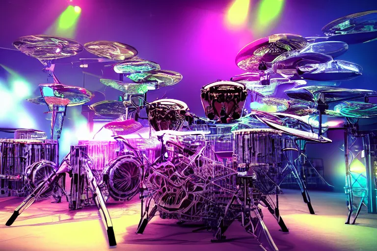 Prompt: photo of huge robotic drumset on a concert tage, the drumset is futuristic steampunk style with gears and tubes, 8 k, fluorescent colors, halluzinogenic, multicolored, exaggerated detailed, unreal engine