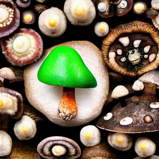 Prompt: macro photo with a singular mushroom character with cute eyes and mycelium, very close to real nature, natural colors and natural surroundings, painted patterns and coloring on mushrooms, 8K, highly detailed, cartoon