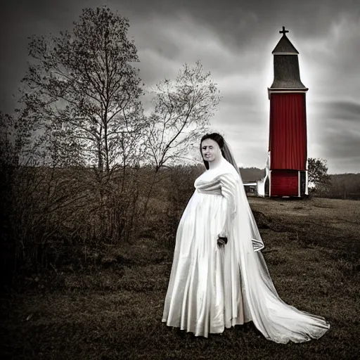 Prompt: picture of ghostly bride in front of an old wooden white church, 1 9 th century southern gothic scene, made by lagerstedt, mikko