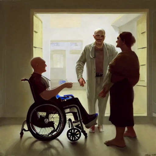 Image similar to a male patient in a wheelchair in the hospital with his wife and son standing by. happy, cheerful, smiling, intricate, face enhance, sharp focus, cinematic lighting, featured in artistation, 8 k, art by greg rutkowski, william adolphe bouguereau