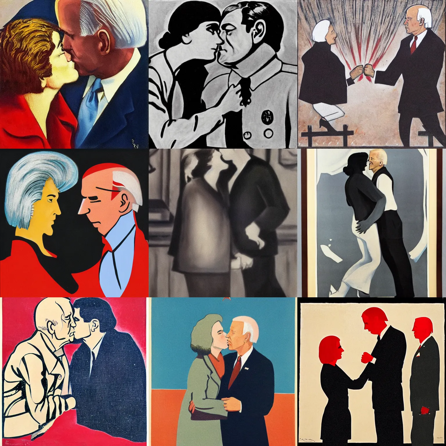 Prompt: ayn rand and joe biden kissing, soviet art.