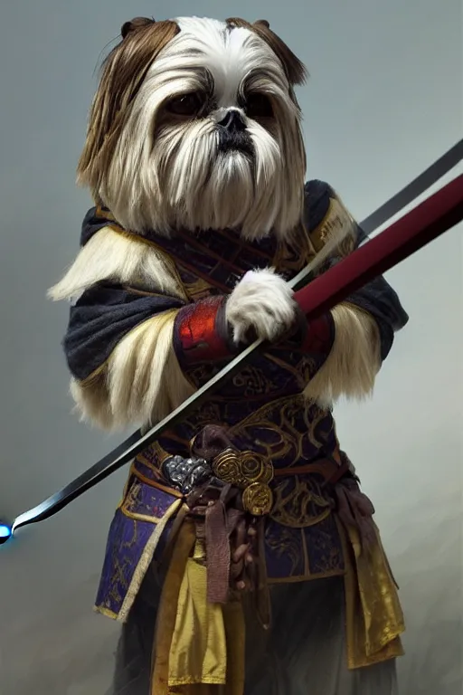 Prompt: a anthropomorphic shih - tzu warrior, holding a beautiful katana, diffuse lighting, fantasy, intricate, elegant, highly detailed, lifelike, photorealistic, digital painting, artstation, illustration, concept art, smooth, sharp focus, naturalism, trending on byron's - muse, by greg rutkowski and greg staples and alphonse mucha