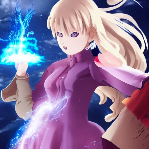 Prompt: Photorealistic anime, a young sorceress with short blonde hair and a cotton dress fights a battle using her magic, chaos in the village