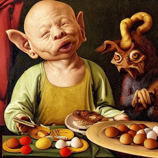 Image similar to a goblin bird with a plate of eggs and cookies, renaissance painting,