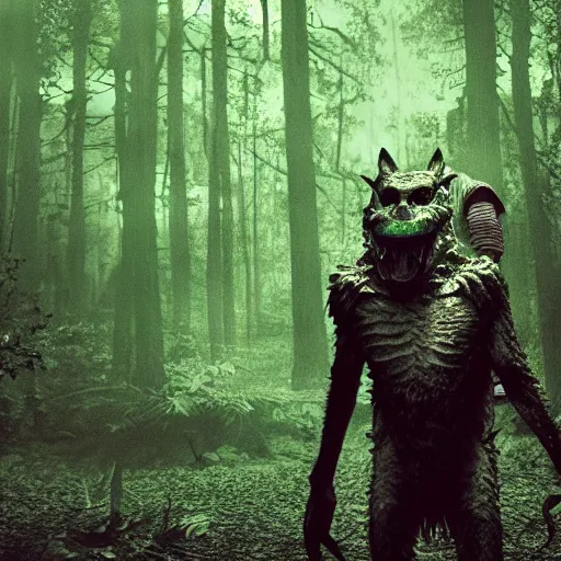 Image similar to werecreature consisting of a alligator and a human, werealligator, photograph captured in a dark forest