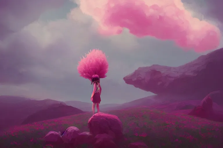 Image similar to giant pink flower as a head, girl standing on mountain, surreal photography, stars, dramatic light, impressionist painting, storm clouds, digital painting, artstation, simon stalenhag