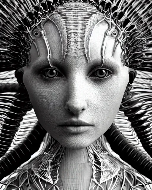 Image similar to mythical dreamy black and white organic bio-mechanical spinal ribbed profile face portrait detail of translucent steampunk beautiful female angelic-human-queen-vegetal-cyborg, highly detailed, intricate crystal jelly ornate, poetic, 3D render, digital art, octane render, 8K artistic photography, photo-realistic, by Dora Maar