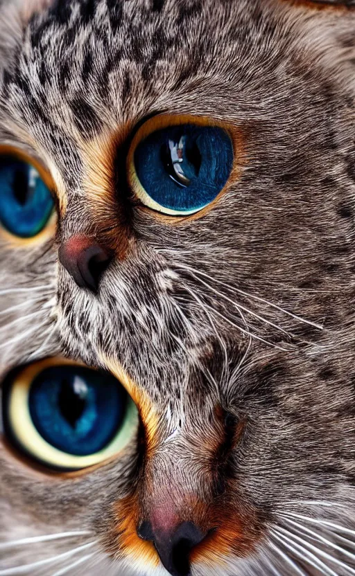 Prompt: half cat, half owl, big cute eyes, realism, photo, 8k, detailed, high quality