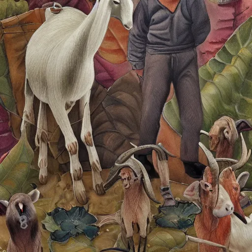 Image similar to people and goats by Hamid Savkuev, close-up, botanical illustration