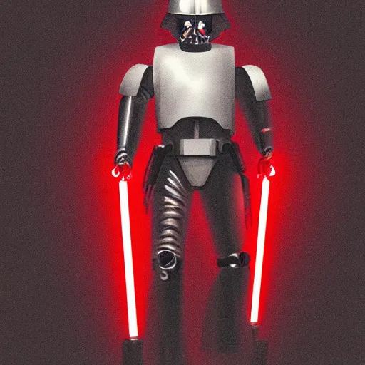 Image similar to robot character, red lightsaber, space, star wars, retrowave, vaporwave, black cloak, concept art, arstation, award winning art by