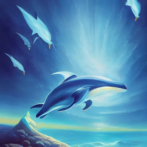 Prompt: Flying Dolphins in a Futuristic World of Floating Islands and Magical Atlantean Technology, Artstation Painting, Nature-Focused, Beautiful Scenery