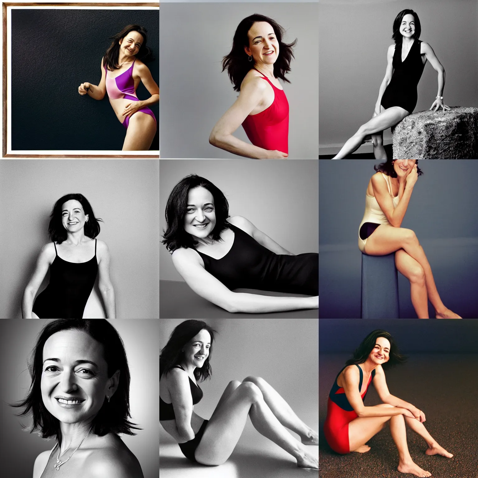 Prompt: Photo of Sheryl Sandberg in swimsuit, soft studio lighting, photo taken by Anne Liebovitz for Abercrombie and Fitch, award-winning photograph, Sigma art lens