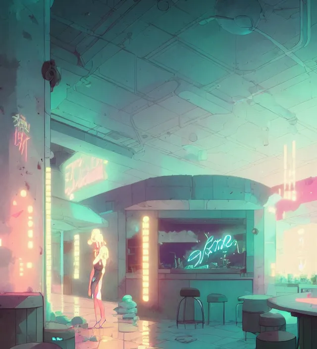 Image similar to vaporwave stone nightclub, naturel, art style by atey ghailan, greg rutkowski, greg tocchini, james gilleard, joe gb fenton, in kaethe butcher, dynamic lighting, gradient light blue, brown, blonde cream and white color in scheme, grunge aesthetic