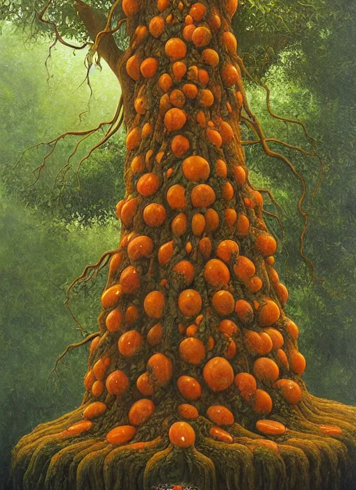 Image similar to ayahuma tree with few small orange fruits looking like an ent, art by christophe vacher