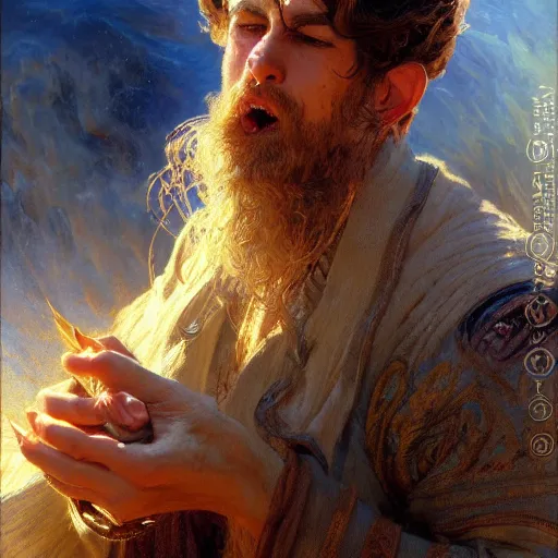 Prompt: stunning male wizard causing huge tsunami by exhaling breath, highly detailed painting by gaston bussiere, craig mullins, j. c. leyendecker, 8 k