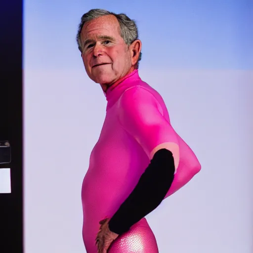 Image similar to cinematic shot of george bush wearing a pink unitard walking down a runway at a fashion show, 8 k, very detailed, very intricate,