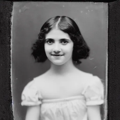 Prompt: antique black and white photograph of a beautiful girl, black hair, clear eyes, open smile, studio lighting, 1 8 7 6