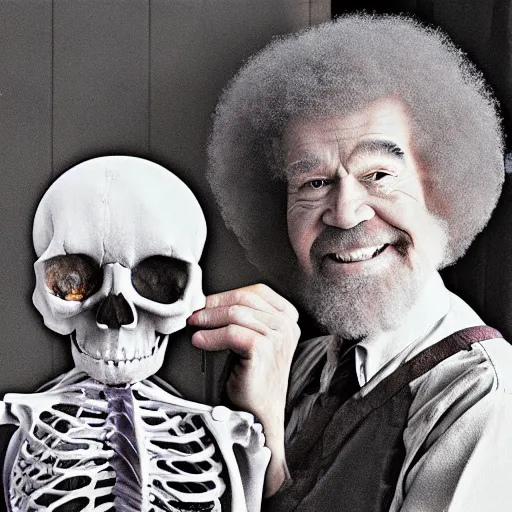 Prompt: bob ross painting a skeleton