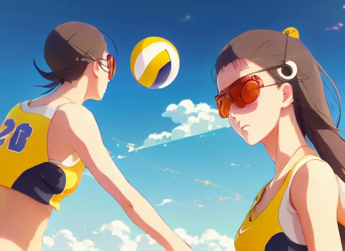 Prompt: side portrait of cute high school girl playing beach volley, sunny sky background stadium landscape illustration concept art anime key visual trending pixiv fanbox by wlop and greg rutkowski and makoto shinkai and studio ghibli and kyoto animation symmetrical facial features sports clothing yellow carrera glasses nike shirt clear lenses