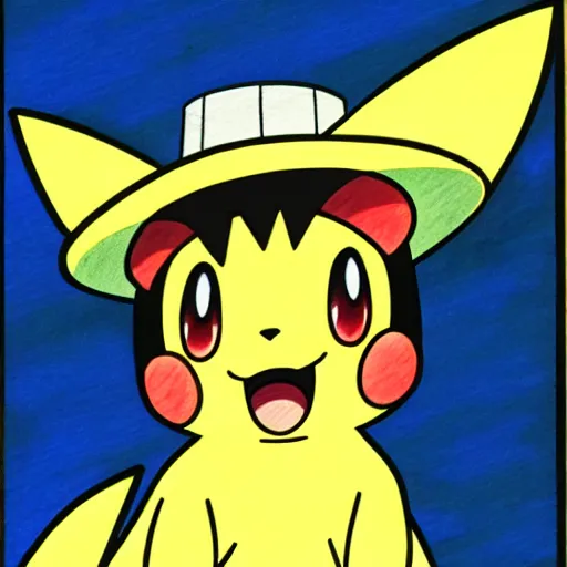 Prompt: Pichu Pokemon anime wearing a straw hat by Ken Sugimori, ink on paper, show-accurate