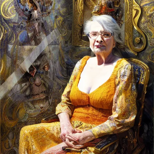 Image similar to highly detailed portrait of a majestic queen in the form of an old woman. d & d. art by donato giancola, eugene delacroix, ruan jia, carl larsson, peter mohrbacher. trending on artstation, intricate details, energetic composition, golden ratio, concept art, illustration, elegant art, global illuminaition
