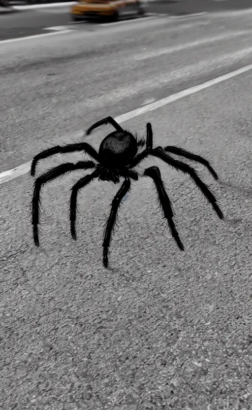 Prompt: a huge spider running cross the road, realistic, 3 5 mm, 4 k