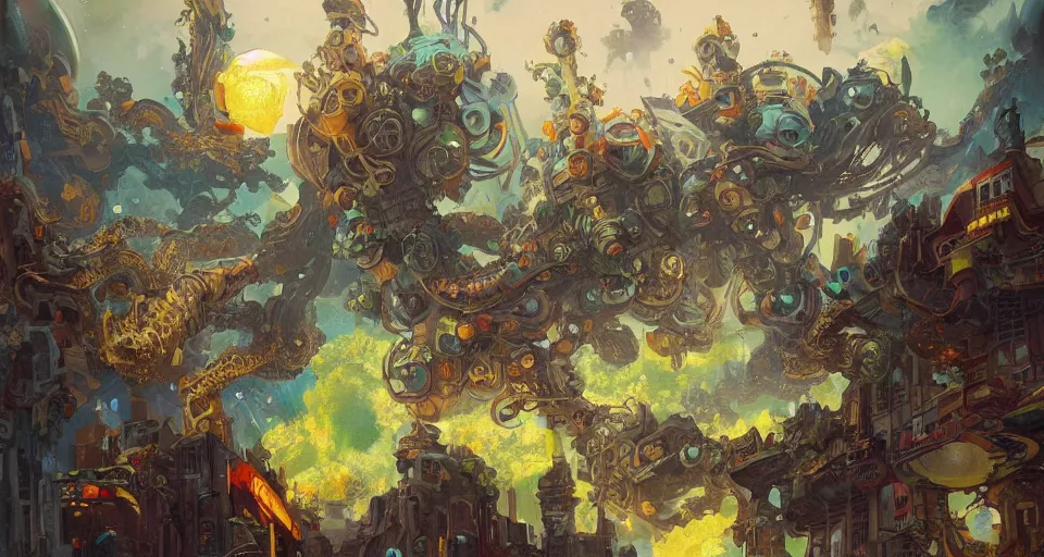 Image similar to multiversal otherworldly realm with flying mecha octopus with chic streets and shops and lush volcanic garden and intricate luxurious scifi homes, allegorical style, by peter mohrbacher, jeremy mann, francoise nielly, van gogh, ross tran, beautiful, award winning scenery