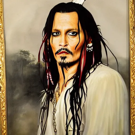 Image similar to a full length portrait painting of johnny depp painted during the dark ages in europe