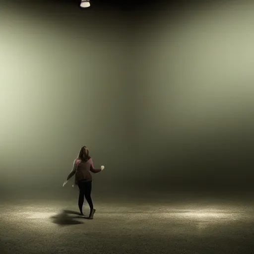 Prompt: woman holding a flashlight running through the interior of a furniture store, cinematic lighting, furniture store interior, night, terrifying, scp 3008, landscape, fog, artstation