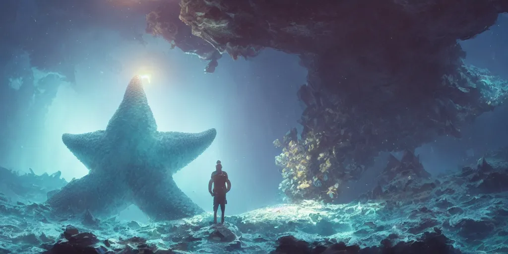 Prompt: portrait of a pentagonal giant starfish, underwater crystal coral caverns background, fantasy gorgeous lighting, movie composition, octane render, art by greg rutkowski