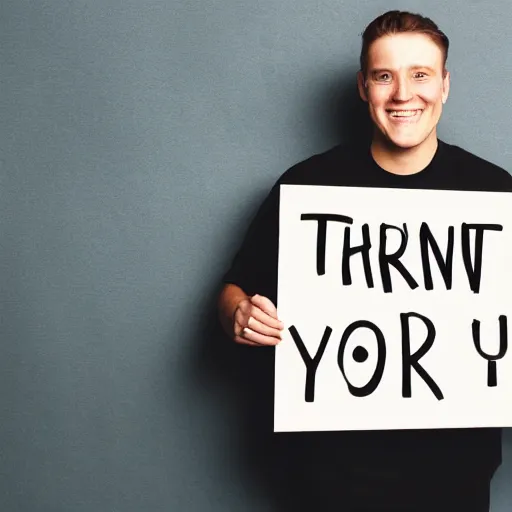 Prompt: man holding a sign that says “ thank you ”, madly grinning, studio light