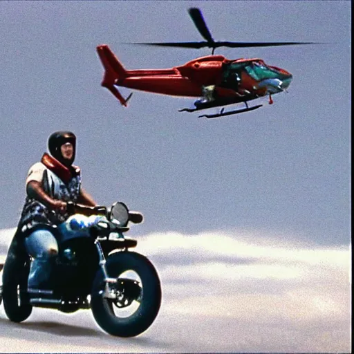 Prompt: Film still of 'Thunder Justice' (1990). Helicopter motorcycle chase scene. Sigma 85mm f/1.4