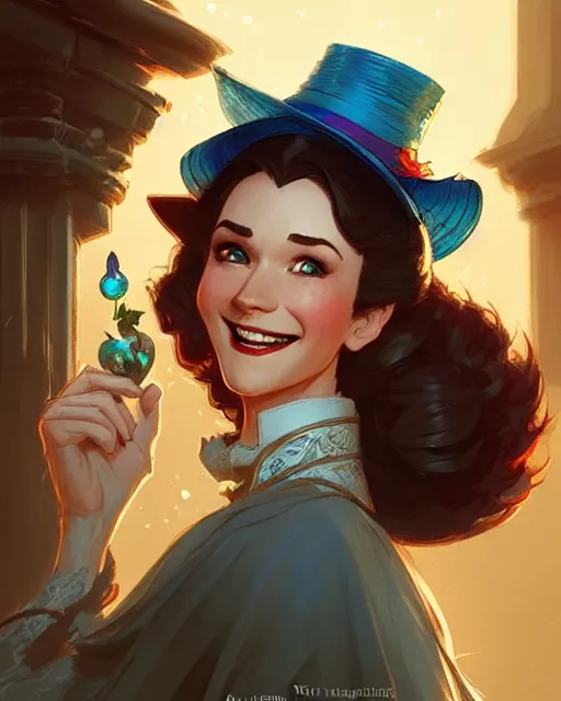 Image similar to Marry Poppins smiling and looking to the side, D&D, fantasy, intricate, elegant, highly detailed, digital painting, artstation, concept art, matte, sharp focus, illustration, hearthstone, art by Artgerm and Greg Rutkowski and Alphonse Mucha