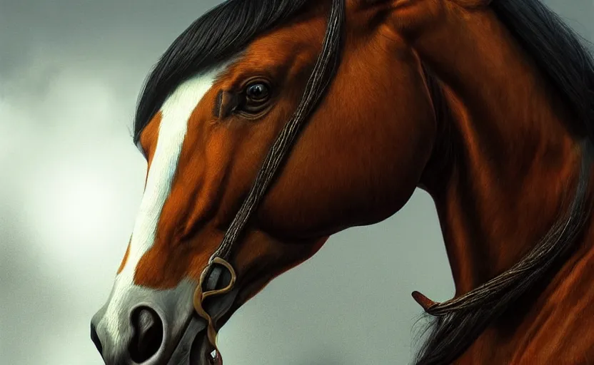 Image similar to a resplendant impressive portrait of a noble horse rearing up. fantasy art, alex ross, heroic lighting, very very very beautiful raytraced rendering