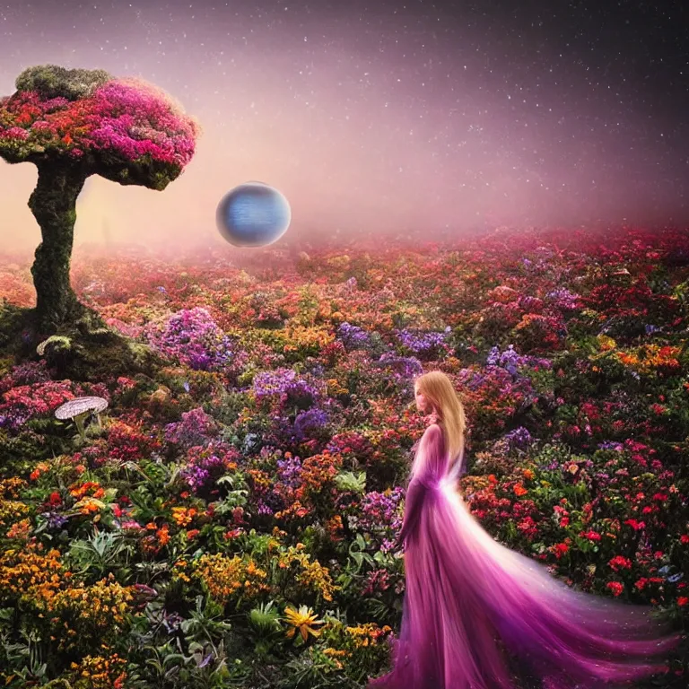 Image similar to a planet of various flowers, fungus and plants, in which the singular human figure is dressed in something magical and impressive, inside the picture is infinity, sunset light, Atmospheric phenomenon, artistic photography, muted colors, conceptual, long exposure outside the city, volumetric light