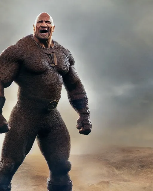 Prompt: dwayne johnson as ben grimm in the new fantastic four movie. dwayne is wearing an elaborate ben grimm style rock monster suit designed by rick baker. dwayne is wearing the fantastic four costume