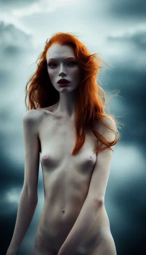 Prompt: photo of a gorgeous young caucasian redhead girl , full body, high fashion model, searching for eternity, skulls around, cloud goddess, duality, far away dreamy atmosphere, rays of light, deep shadows, demons in the style of stefan kostic, hyper realistic, sharp focus, 8k high definition, high fashion, vogue, insanely detailed, intricate, elegant, art by stanley lau and artgerm, brom