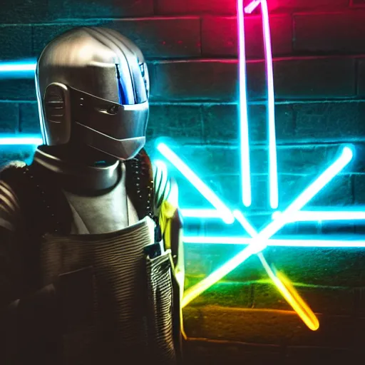 Prompt: photo of a futuristic knight cyberpunk, realistic, neon light, smoke, detailed
